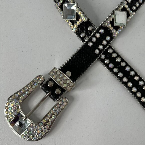Nocona Black Leather Belt Crystal Rhinestone Aurora Borealis M/L - Picture 6 of 15